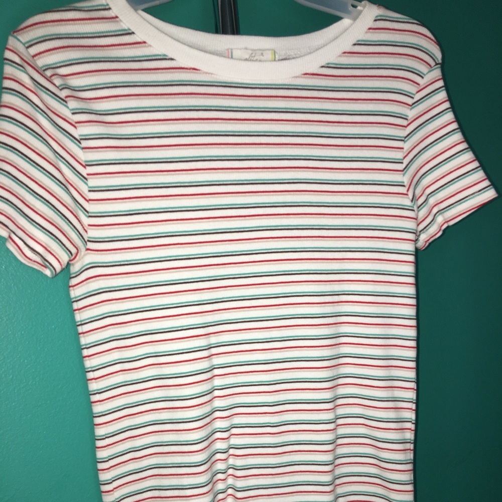 Light and dark blue pink white gray striped shirt